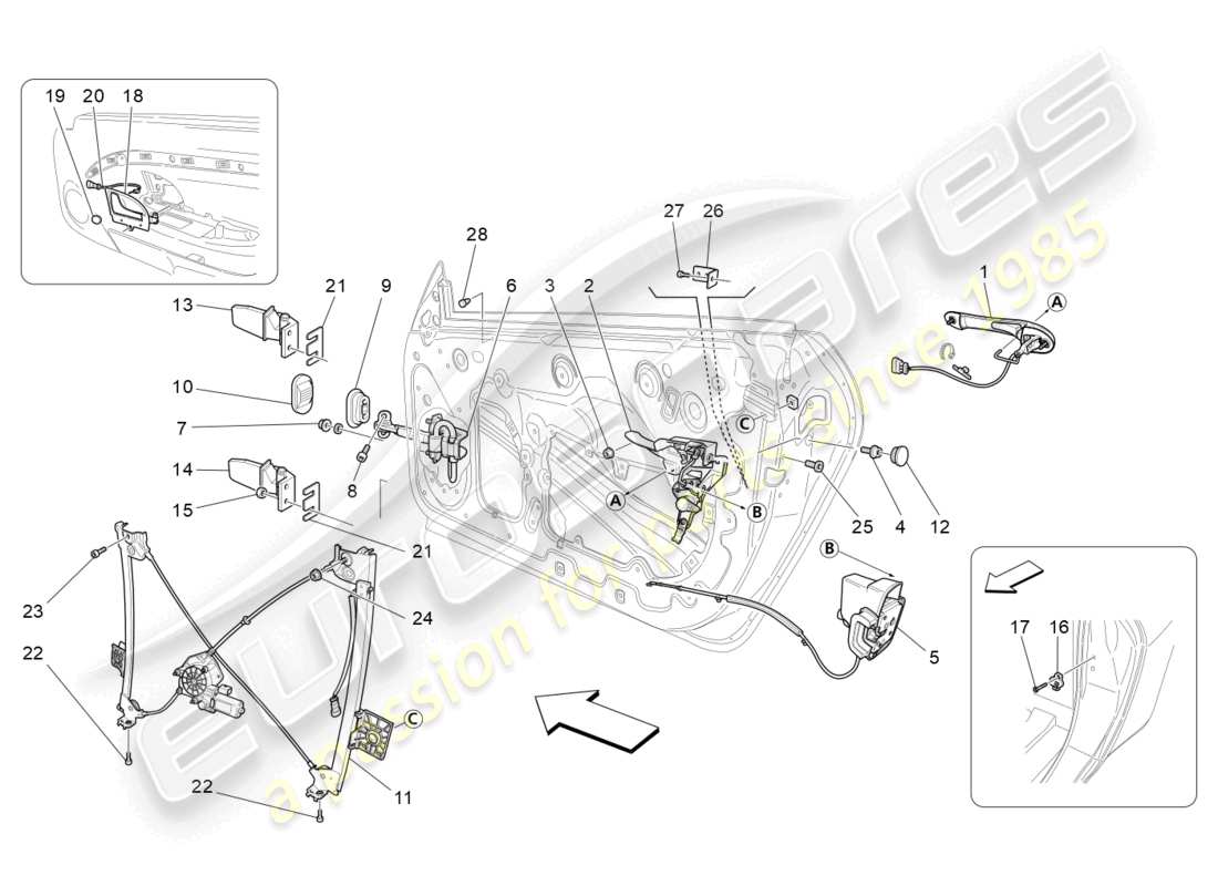 maserati grancabrio mc (2013) puertas delanteras: diagrama de piezas de mecanismos