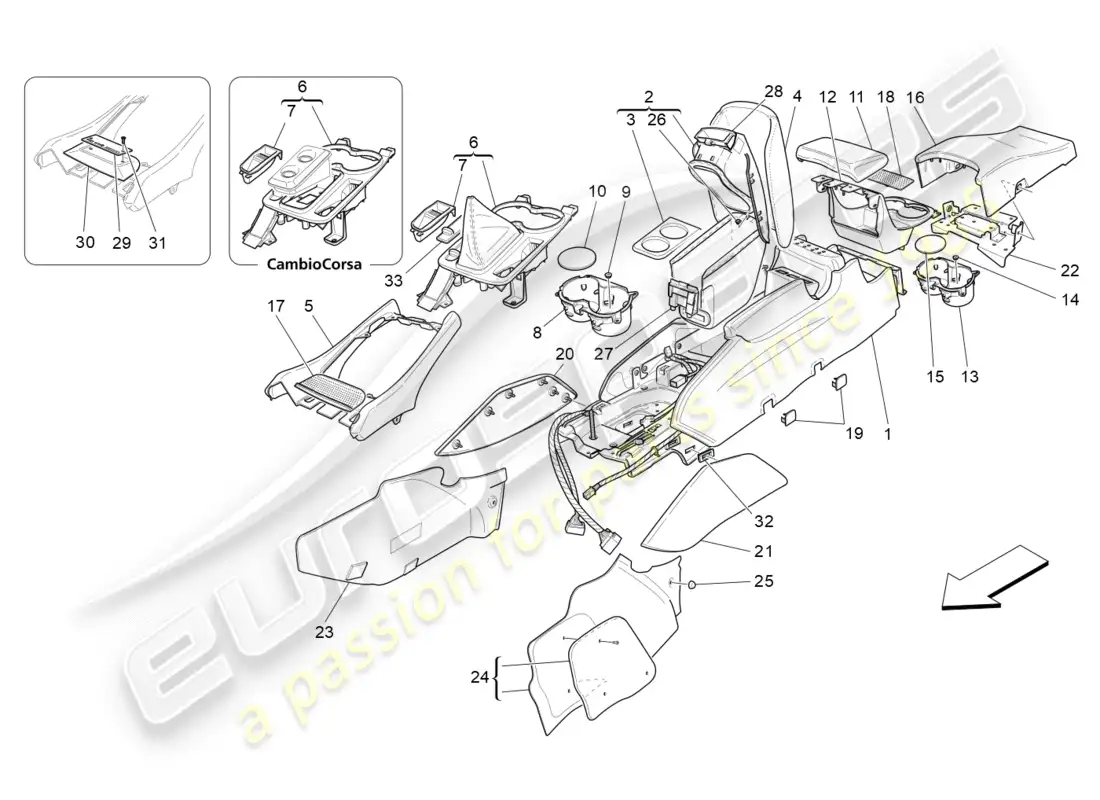maserati granturismo (2011) consola de accesorios y consola central diagrama de piezas
