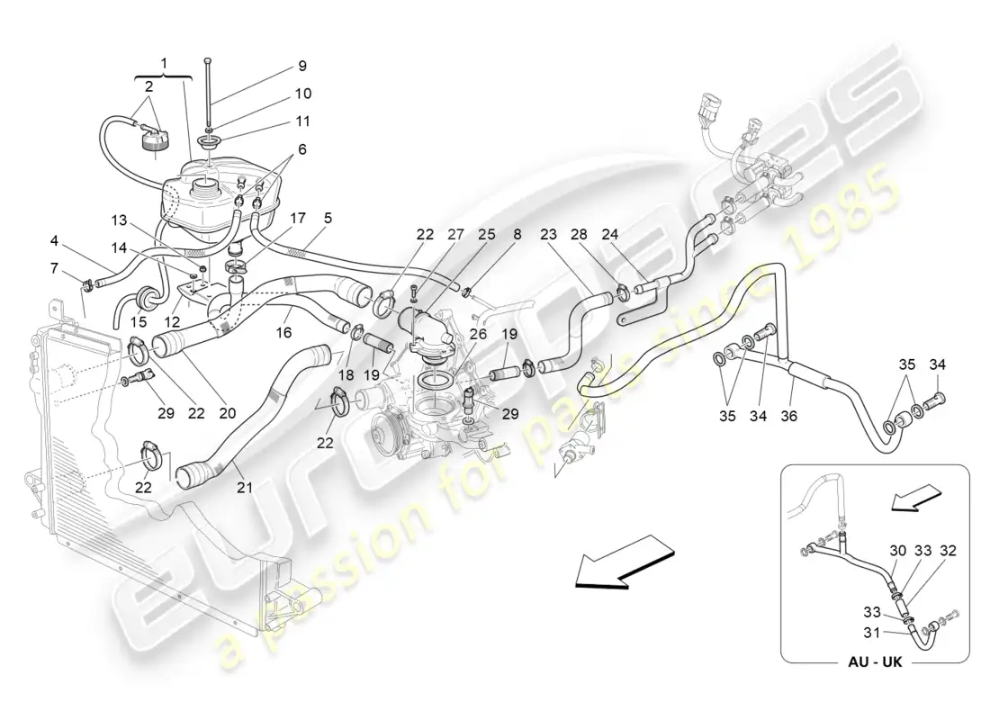 maserati granturismo (2010) sistema de enfriamiento: nourice y líneas diagrama de piezas