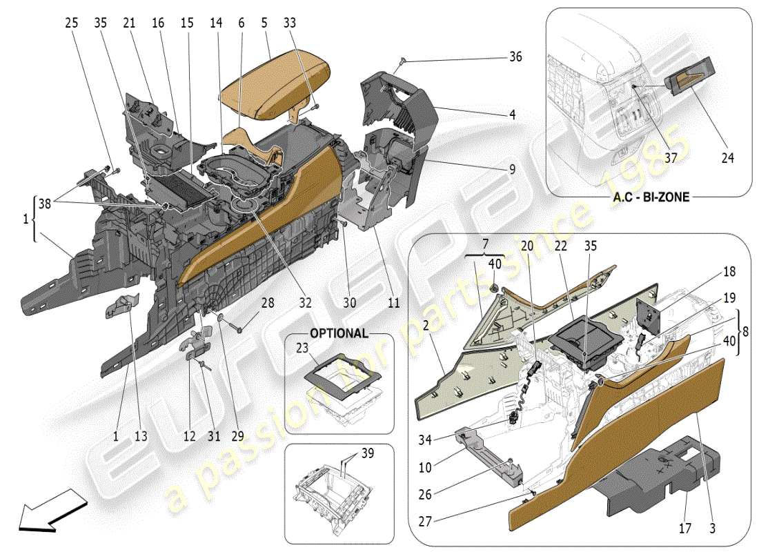 maserati grecale modena (2023) diagrama de piezas de la consola de accesorios y la consola central