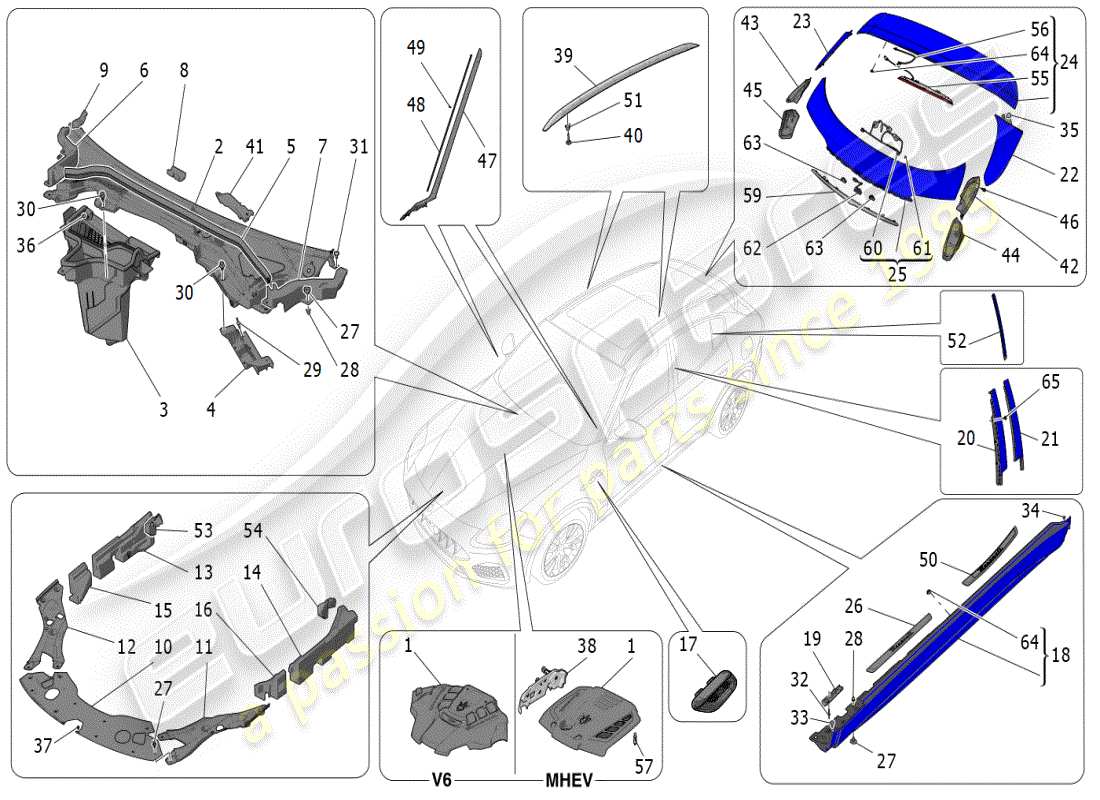 maserati grecale modena (2023) diagrama de piezas de escudos, molduras y paneles de cobertura
