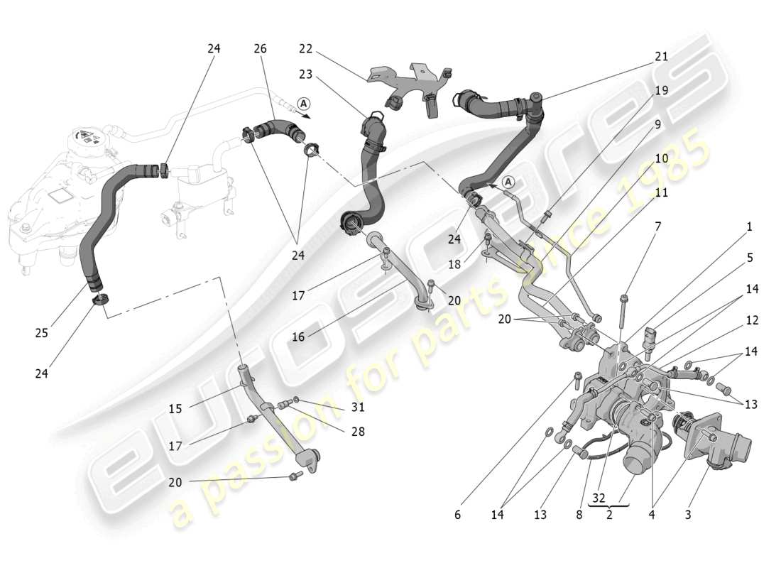 maserati grecale trofeo (2023) sistema de enfriamiento: nourice y líneas diagrama de piezas