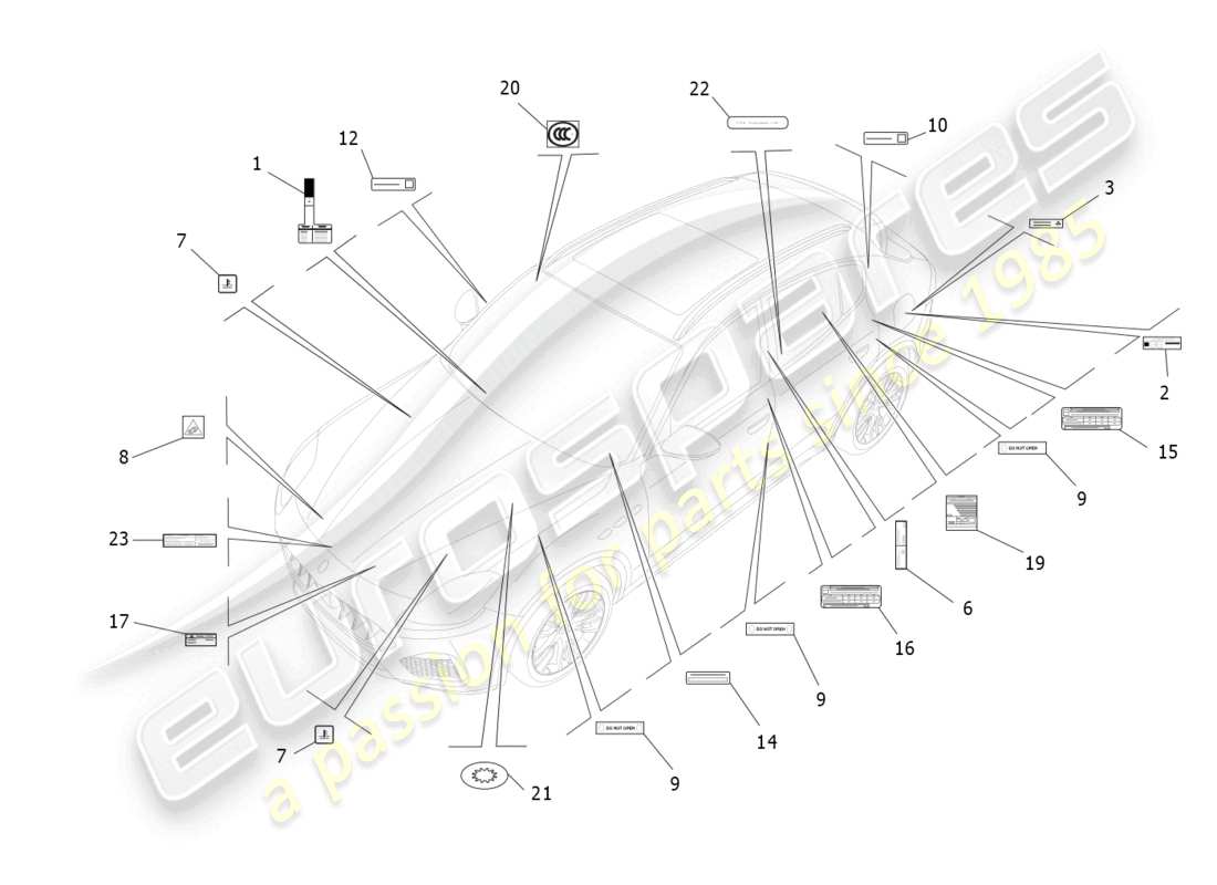 maserati grecale gt (2023) diagrama de piezas de pegatinas y etiquetas