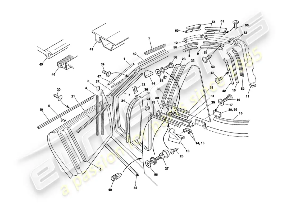 aston martin v8 volante (1999) sellos meteorológicos diagrama de piezas