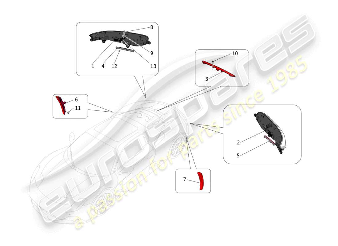 maserati mc20 (2023) diagrama de piezas de los grupos de luces traseras