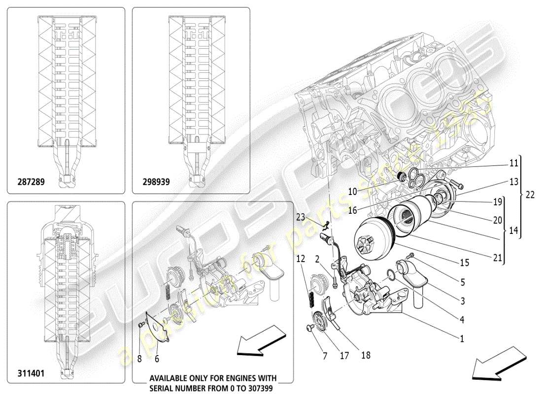 maserati ghibli (2021) sistema de lubricación: diagrama de piezas de bomba y filtro