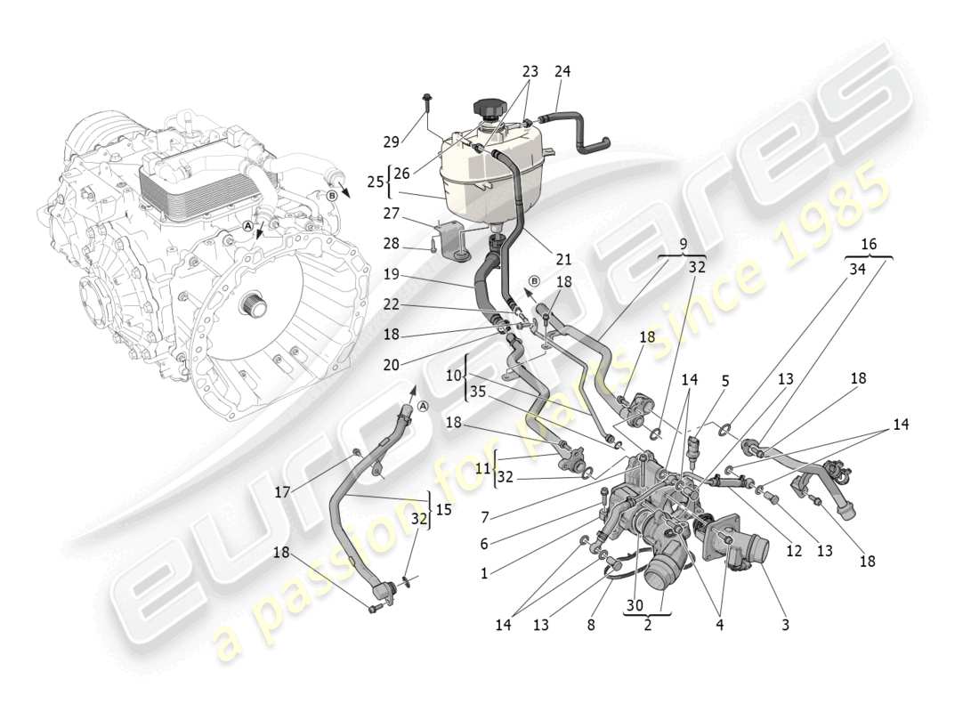 maserati mc20 (2022) sistema de refrigeración: diagrama de piezas de nourice y líneas