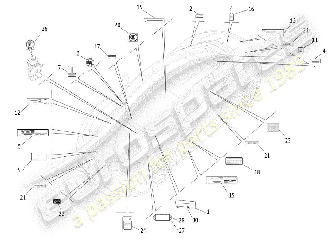 maserati mc20 (2024) diagrama de piezas de pegatinas y etiquetas