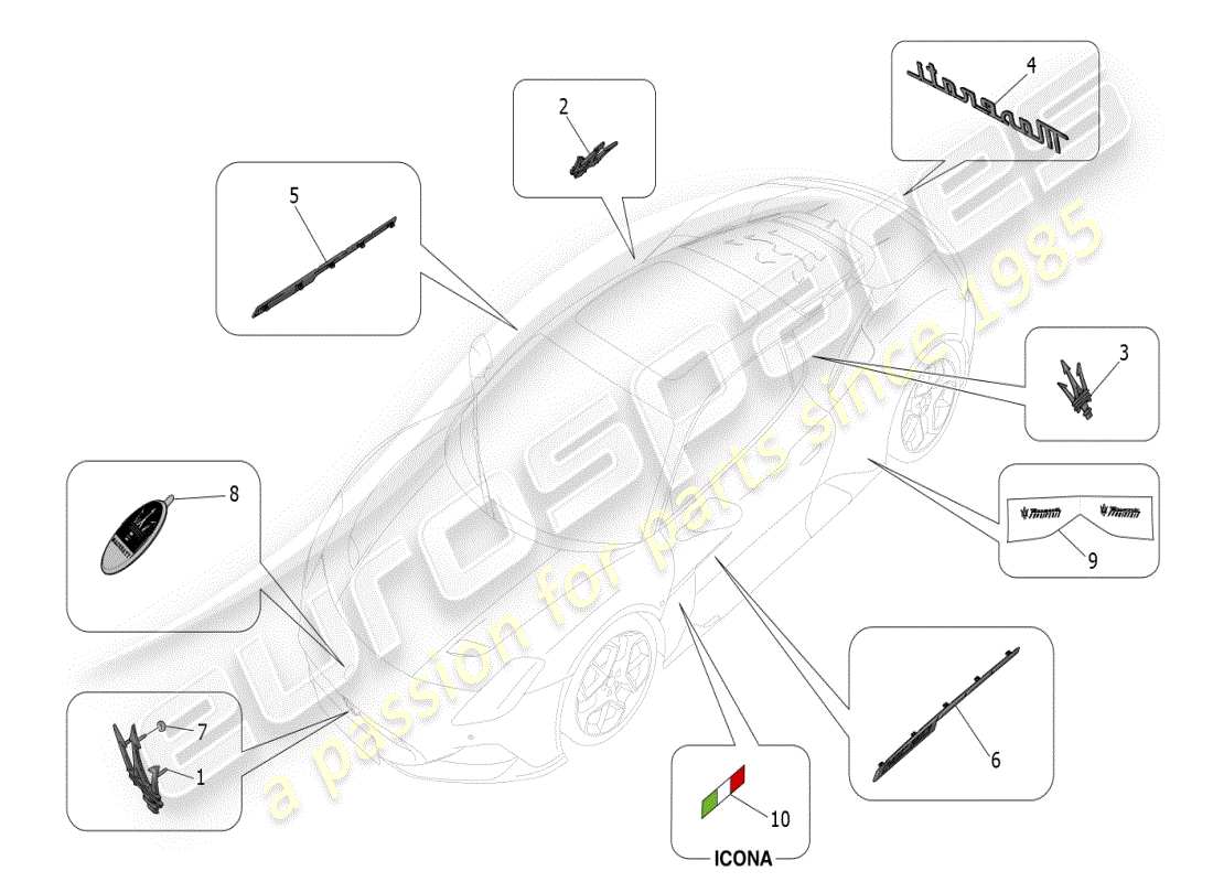 maserati mc20 (2024) diagrama de piezas de adornos, marcas y símbolos