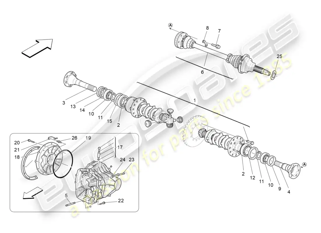 maserati granturismo (2012) ejes diferencial y eje trasero diagrama de piezas