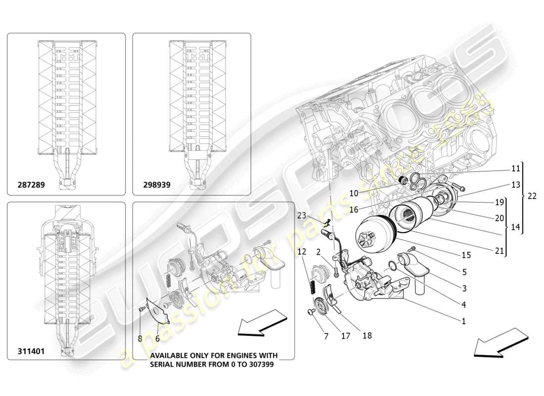maserati quattroporte (2018) sistema de lubricación: diagrama de piezas de bomba y filtro