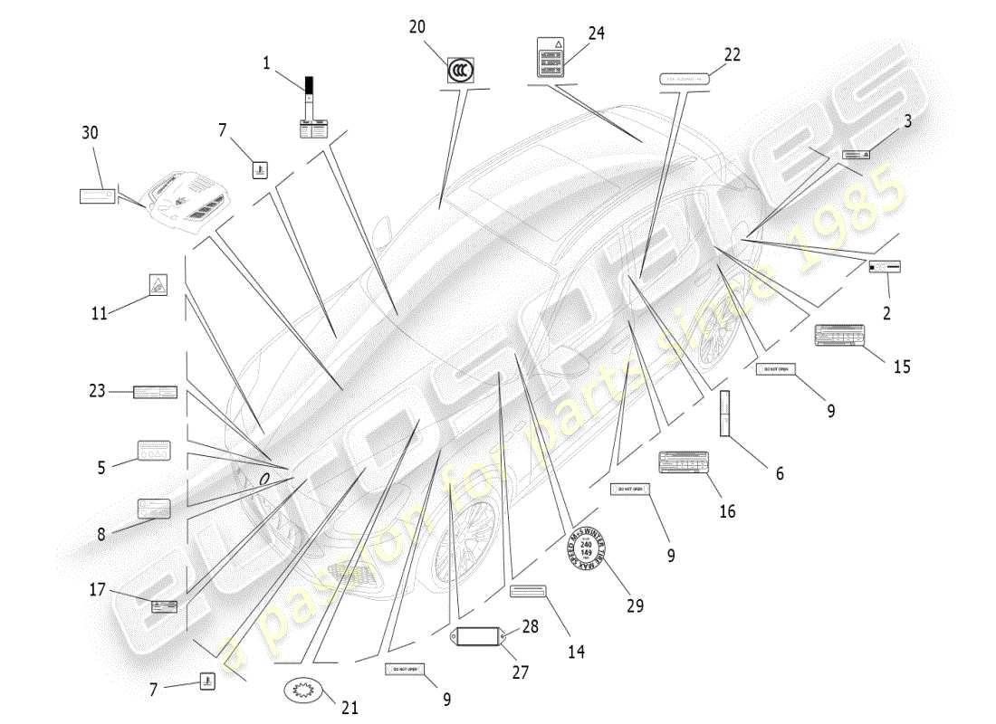 maserati grecale modena (2023) diagrama de piezas de pegatinas y etiquetas