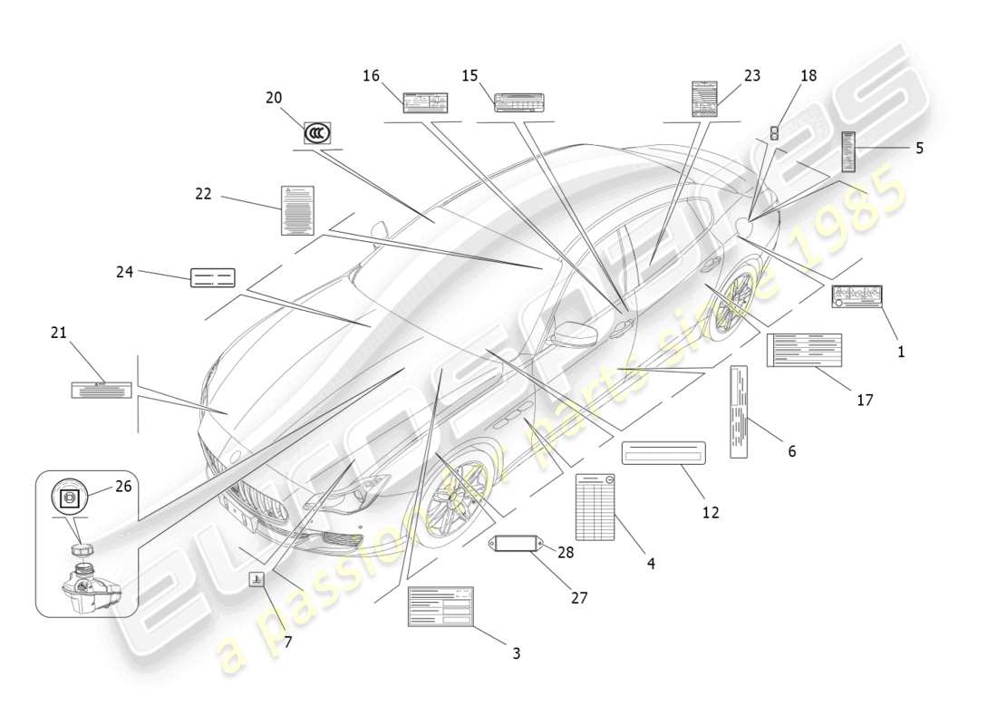 maserati quattroporte (2018) diagrama de piezas de pegatinas y etiquetas