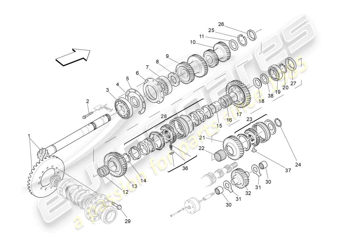maserati granturismo mc stradale (2012) diagrama de piezas de engranajes del eje de apoyo
