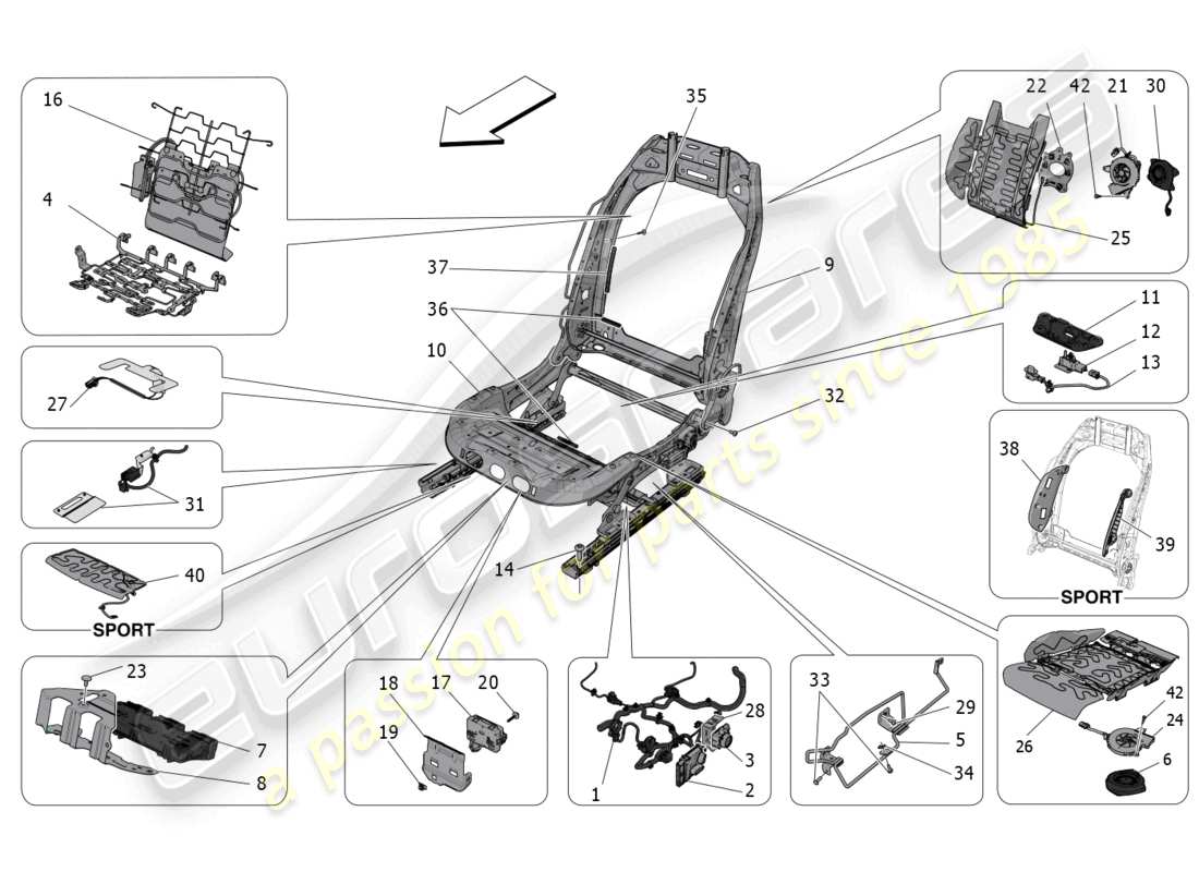 maserati grecale gt (2023) asientos delanteros: diagrama de piezas de mecánica y electrónica