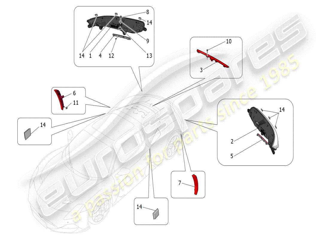 maserati mc20 (2024) diagrama de piezas de los grupos de luces traseras