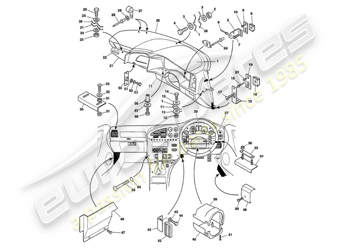 aston martin v8 volante (2000) diagrama de piezas de fascia y molduras