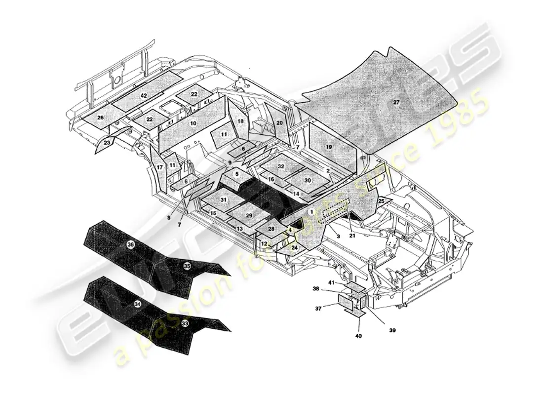 aston martin v8 volante (2000) amortiguación del sonido diagrama de piezas
