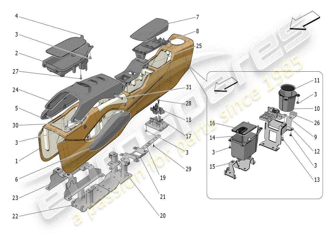 maserati mc20 (2024) diagrama de piezas de la consola de accesorios y la consola central