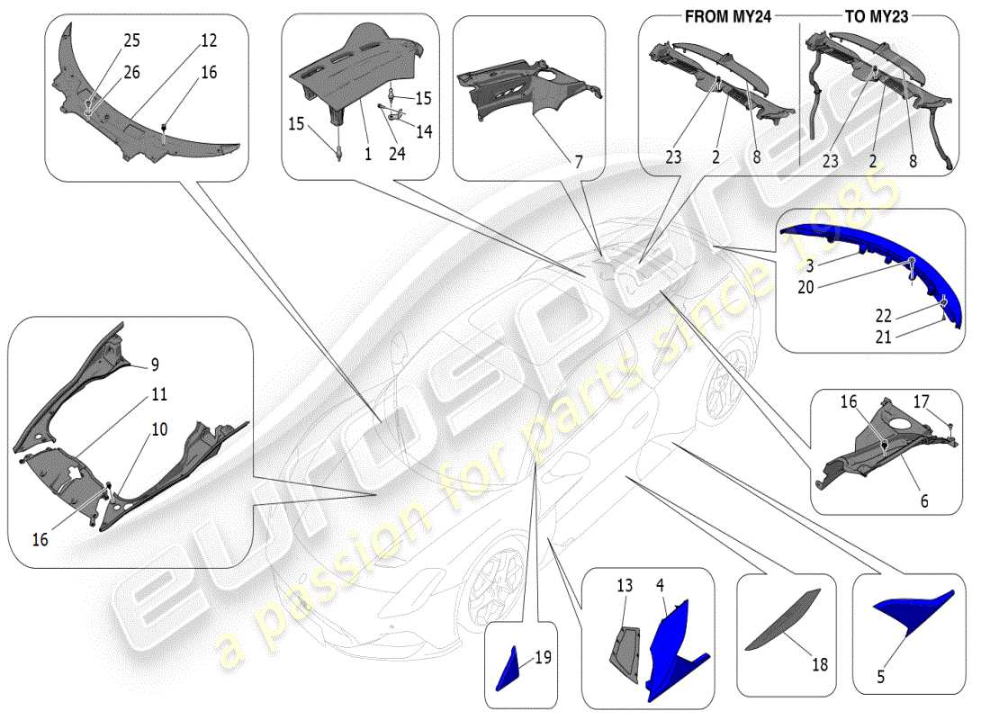 maserati mc20 (2024) protectores, embellecedores y paneles de cobertura diagrama de piezas