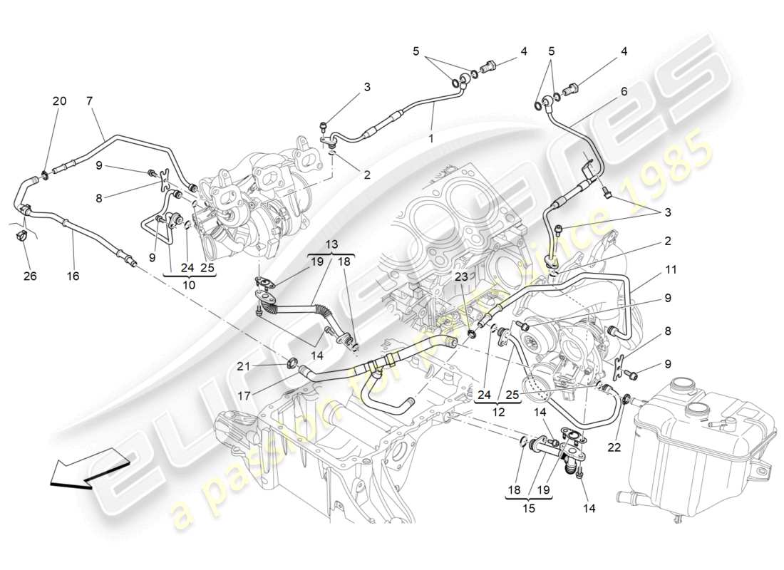 maserati levante modena s (2022) sistema de turbocargación: lubricación y enfriamiento diagrama de piezas