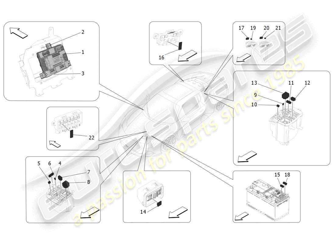 maserati mc20 (2023) diagrama de piezas de relés, fusibles y cajas