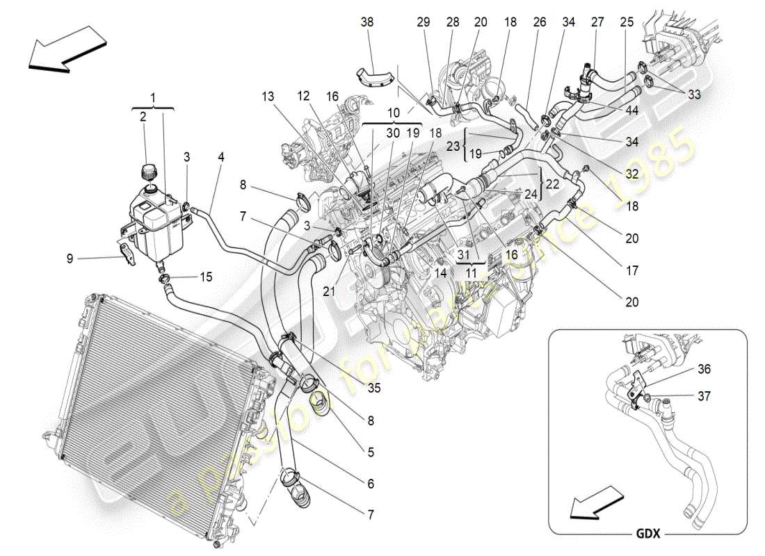 maserati ghibli (2021) sistema de refrigeración: diagrama de piezas de nourice y líneas