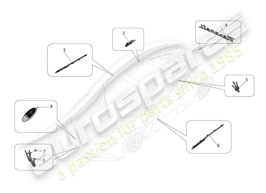 maserati mc20 (2023) diagrama de piezas de adornos, marcas y símbolos