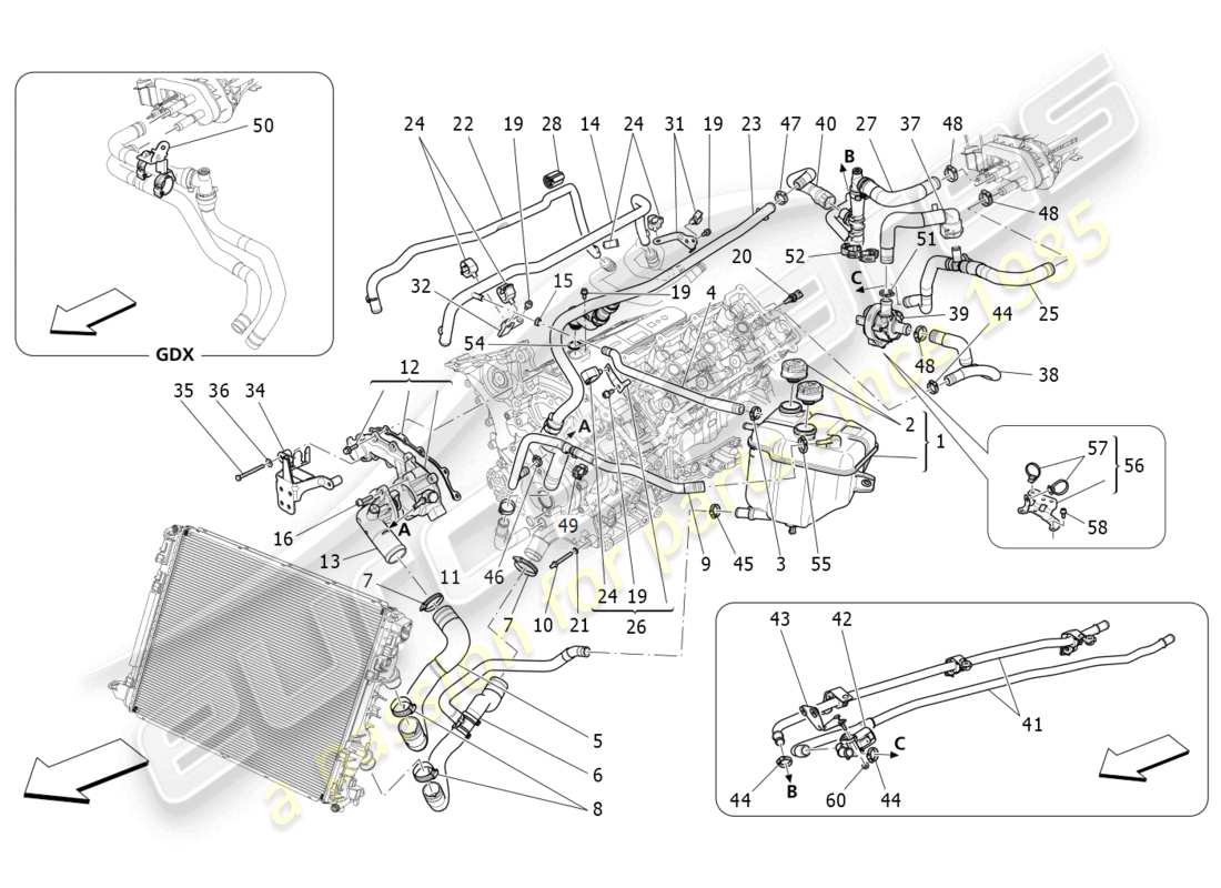 maserati levante (2019) sistema de enfriamiento: nourice y líneas diagrama de piezas