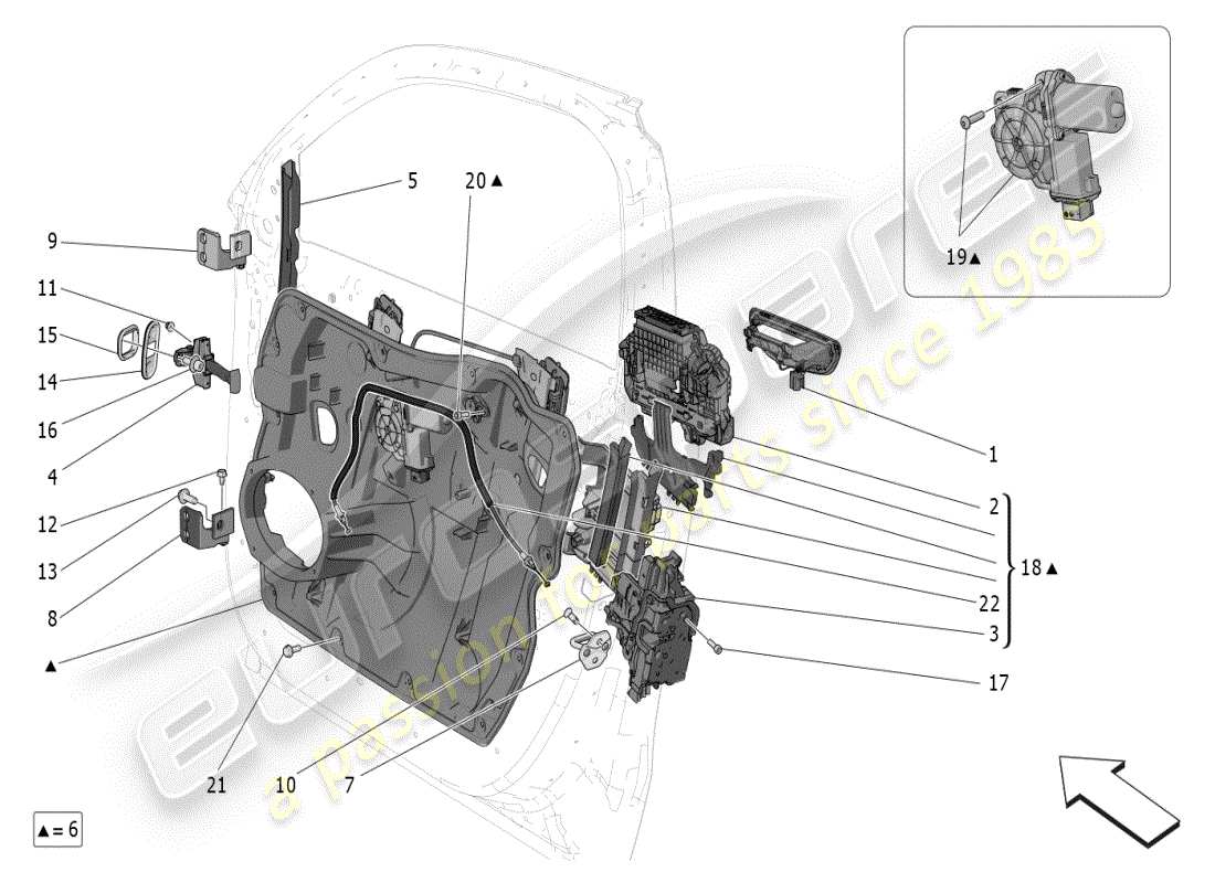 maserati grecale modena (2023) puertas delanteras: diagrama de piezas de mecanismos