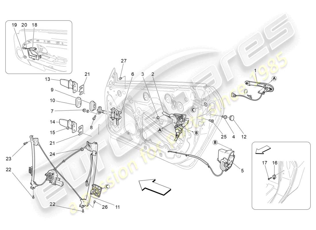 maserati granturismo mc stradale (2011) puertas delanteras: diagrama de piezas de mecanismos