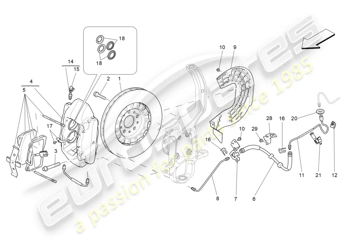 maserati qtp 3.0 tds v6 275hp (2015) diagrama de piezas de los dispositivos de frenado en las ruedas delanteras