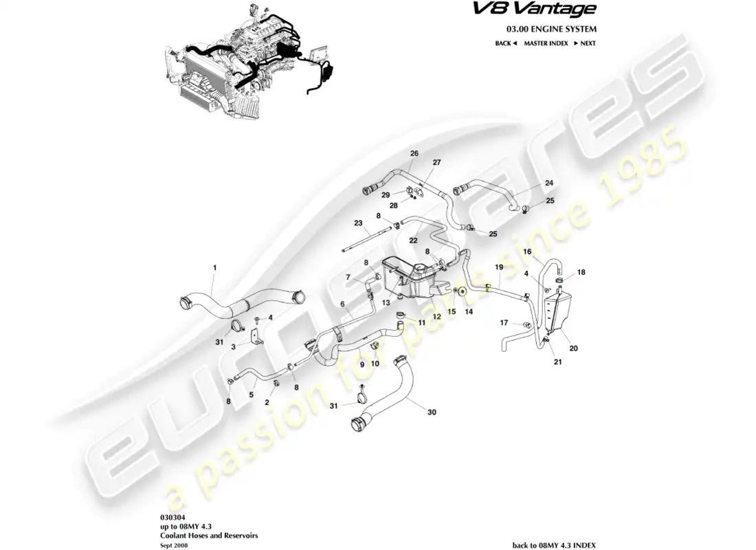 aston martin v8 vantage (2008) diagrama de piezas del depósito y mangueras de refrigerante