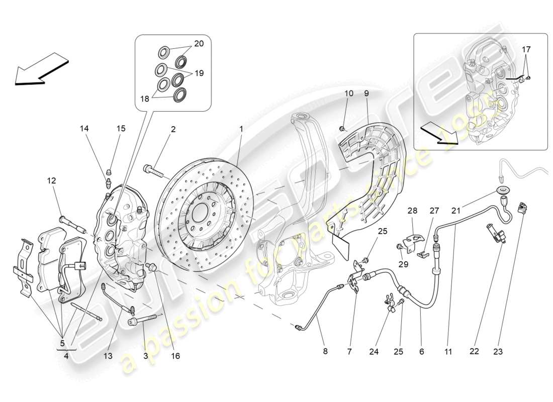 maserati levante (2018) diagrama de piezas de los dispositivos de frenado en las ruedas delanteras