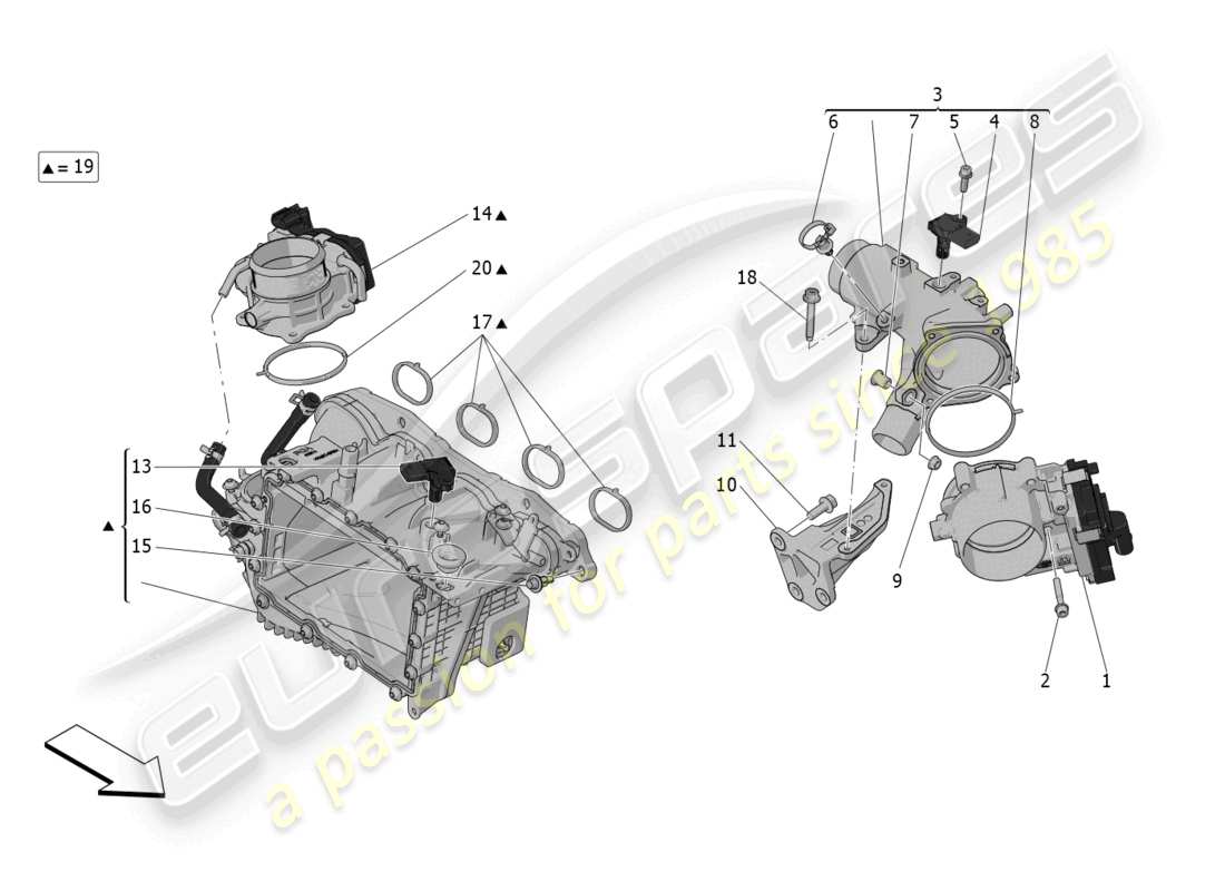 maserati grecale gt (2023) diagrama de partes del colector de admisión y del cuerpo del acelerador