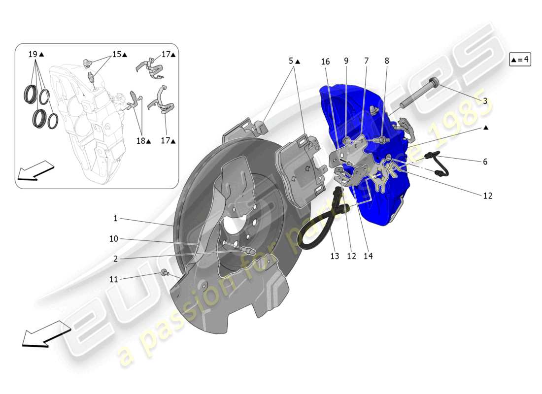 maserati grecale gt (2023) diagrama de piezas de los dispositivos de frenado en las ruedas delanteras