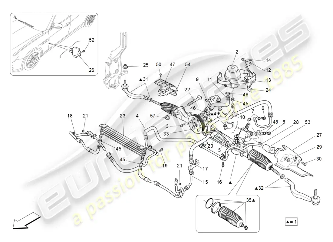 maserati qtp 3.0 tds v6 275hp (2015) diagrama de pieza de la unidad de cremallera de dirección completa