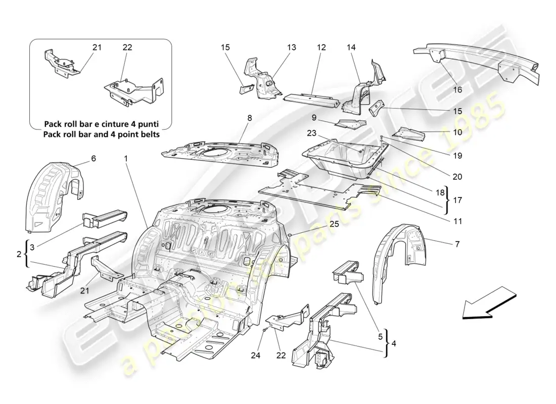 maserati qtp 3.0 tds v6 275hp (2015) diagrama de piezas de marcos estructurales traseros y paneles de chapa