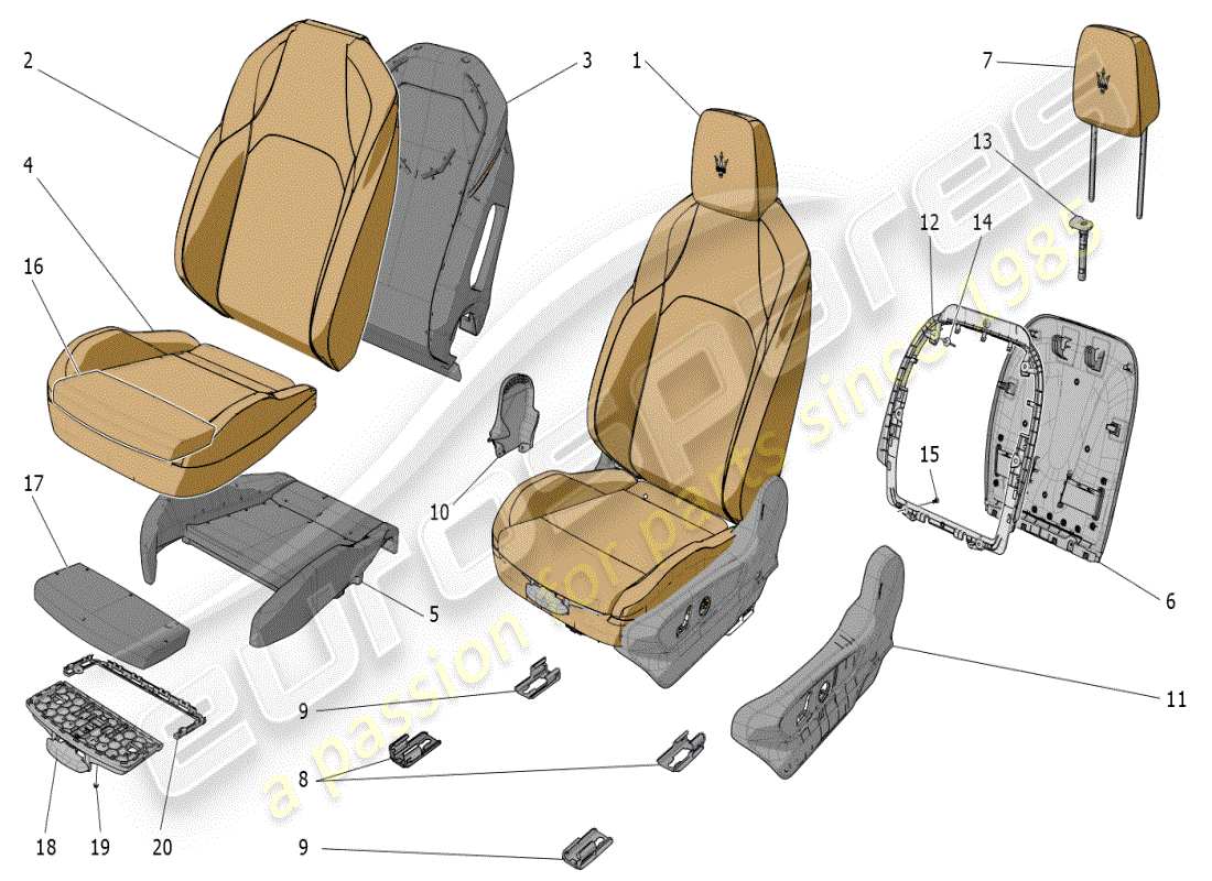 maserati grecale modena (2023) asientos delanteros: diagrama de piezas de los paneles tapizados