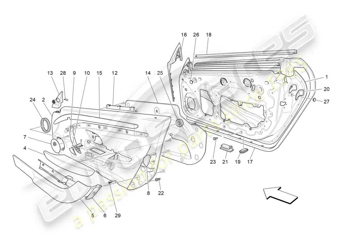 maserati granturismo (2015) puertas delanteras: paneles de acabado diagrama de piezas