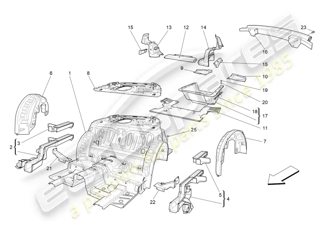 maserati granturismo (2014) marcos estructurales traseros y paneles de chapa diagrama de piezas
