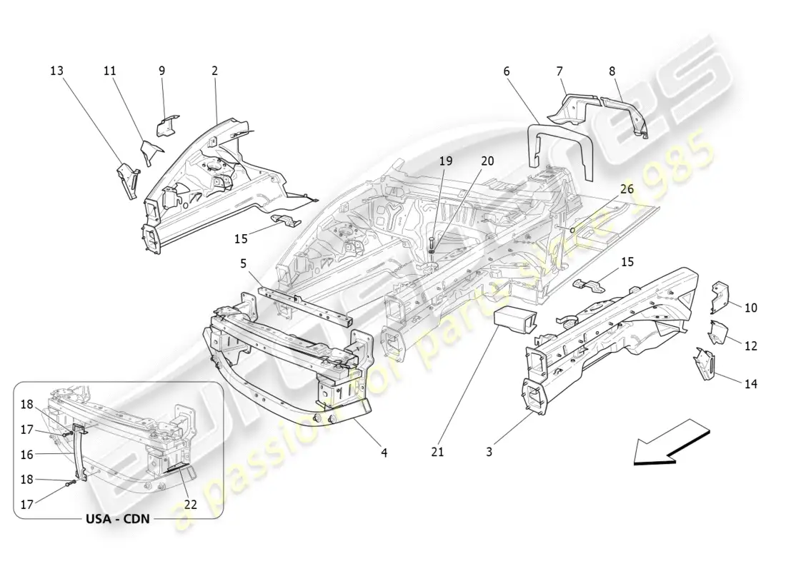 maserati granturismo (2015) marcos estructurales frontales y paneles de chapa diagrama de piezas