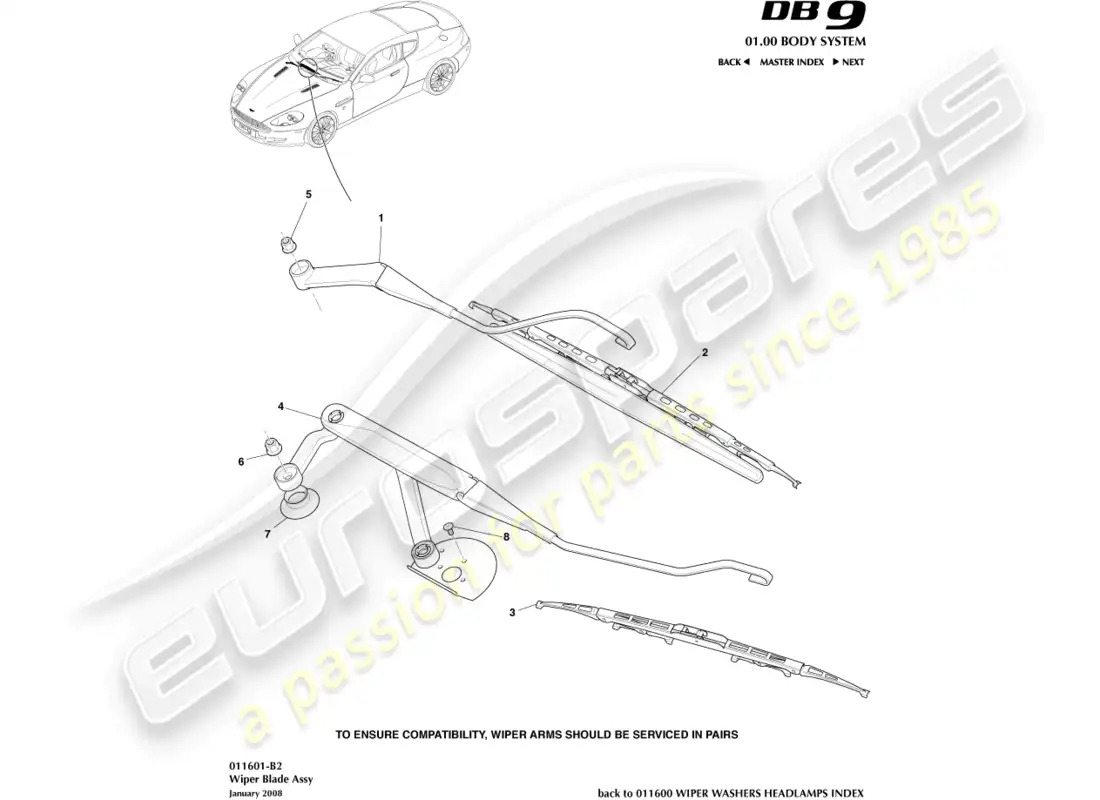 aston martin db9 (2012) conjunto de escobilla de limpiaparabrisas diagrama de piezas
