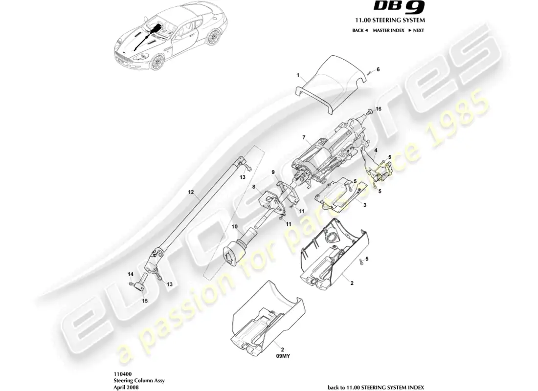 aston martin db9 (2012) conjunto de columna de dirección diagrama de piezas