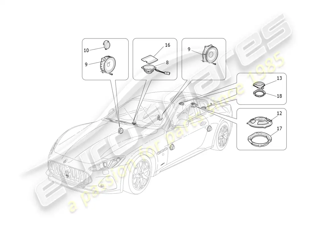 maserati granturismo s (2018) sistema de difusión de sonido diagrama de piezas