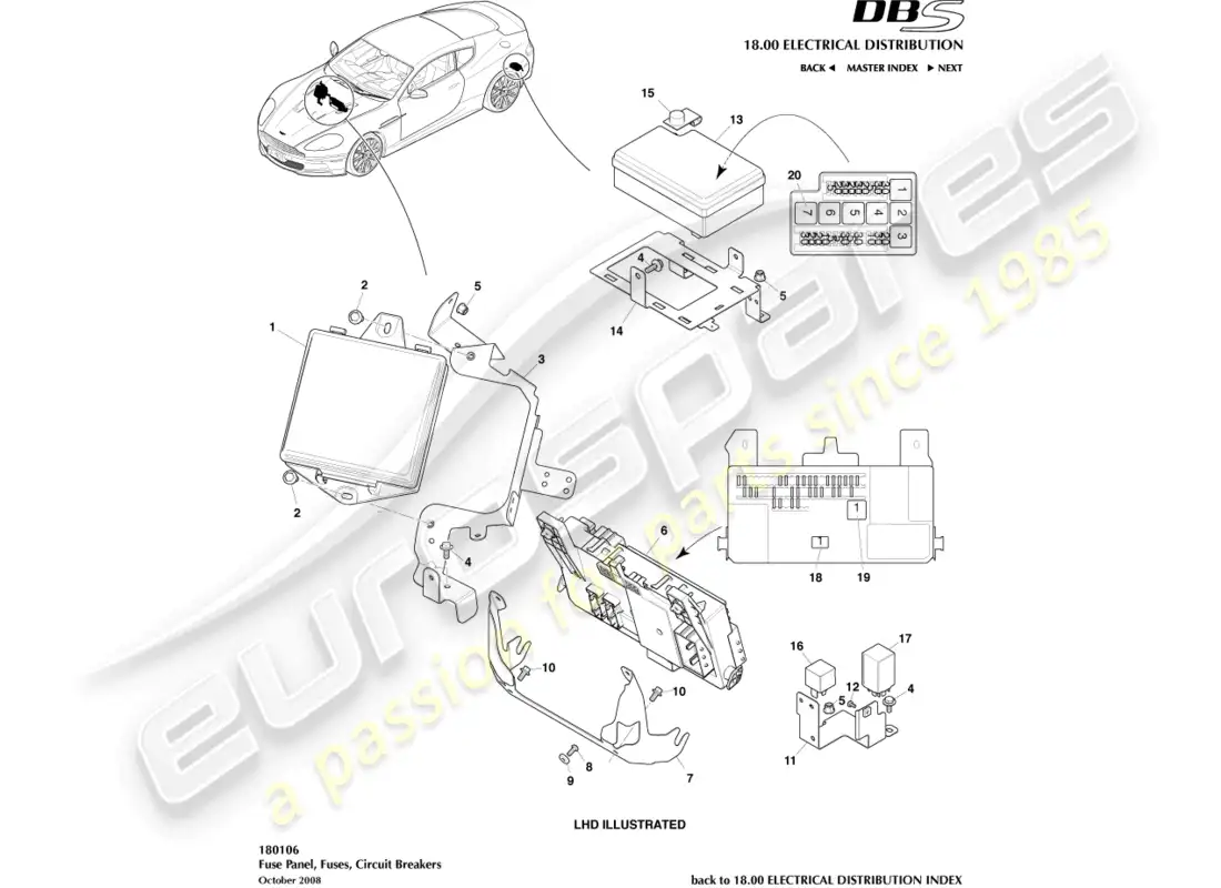 aston martin dbs (2008) paneles de fusibles diagrama de piezas