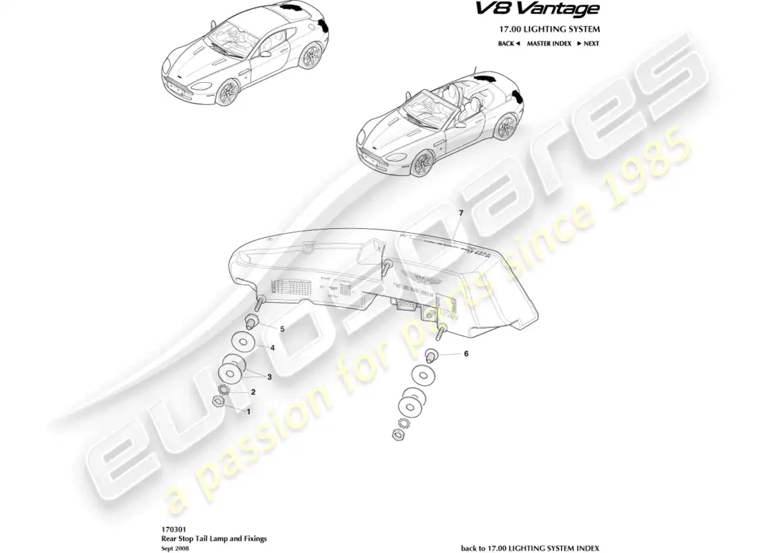 aston martin v8 vantage (2008) diagrama de piezas de las luces traseras