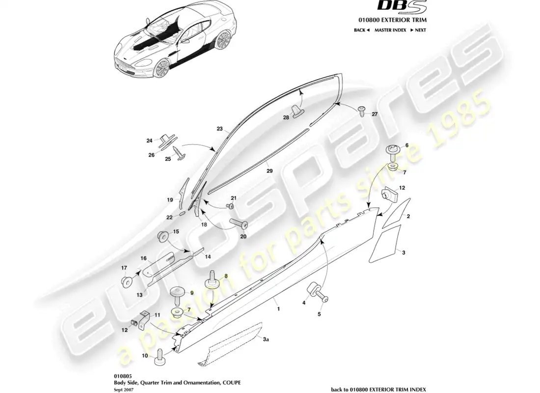 aston martin dbs (2007) moldura lateral y lateral de la carrocería, cupé diagrama de piezas