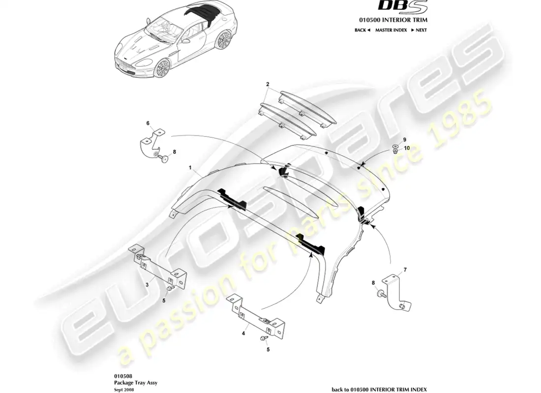 aston martin dbs (2014) conjunto de bandeja de paquete diagrama de piezas