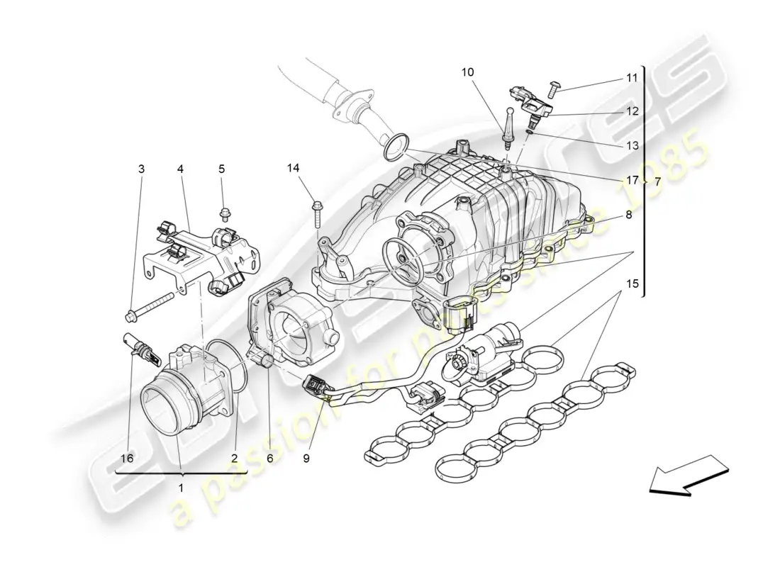 maserati qtp 3.0 tds v6 275hp (2015) diagrama de partes del colector de admisión y del cuerpo del acelerador